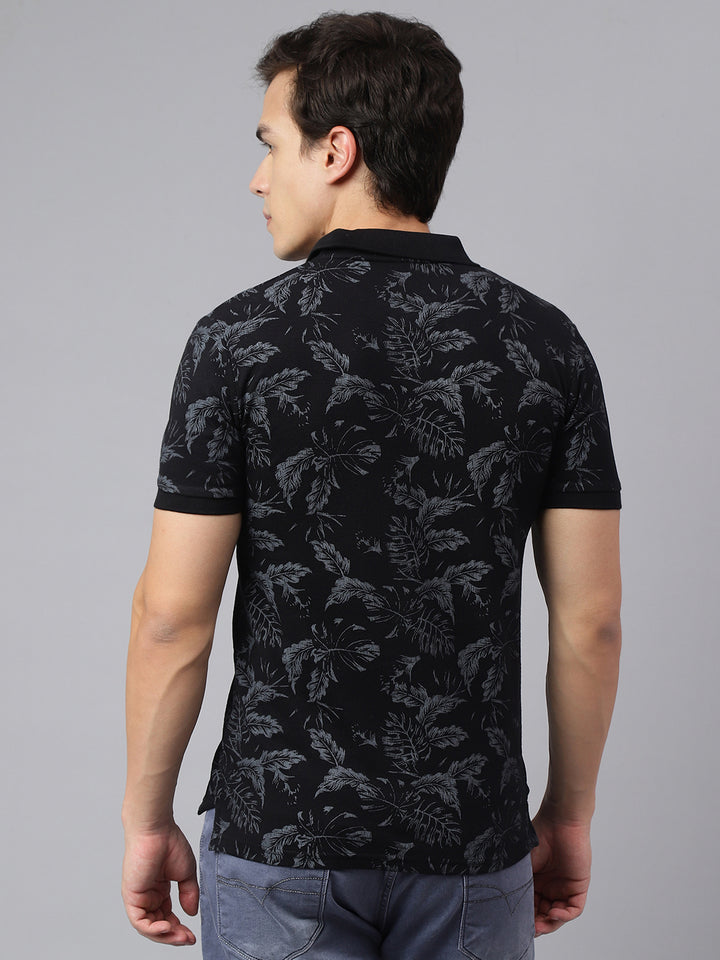 Men Black Regular Fit Printed Polo Neck Casual T-Shirt