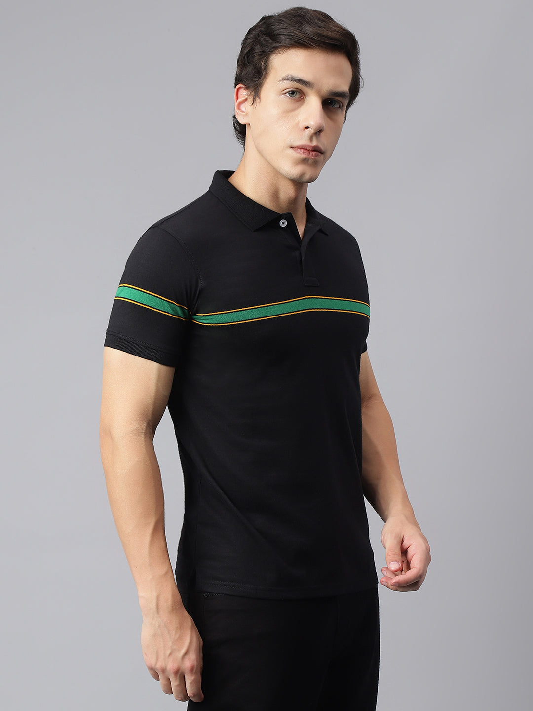 Men Black Regular Fit Striped Crew Neck Casual T-Shirt