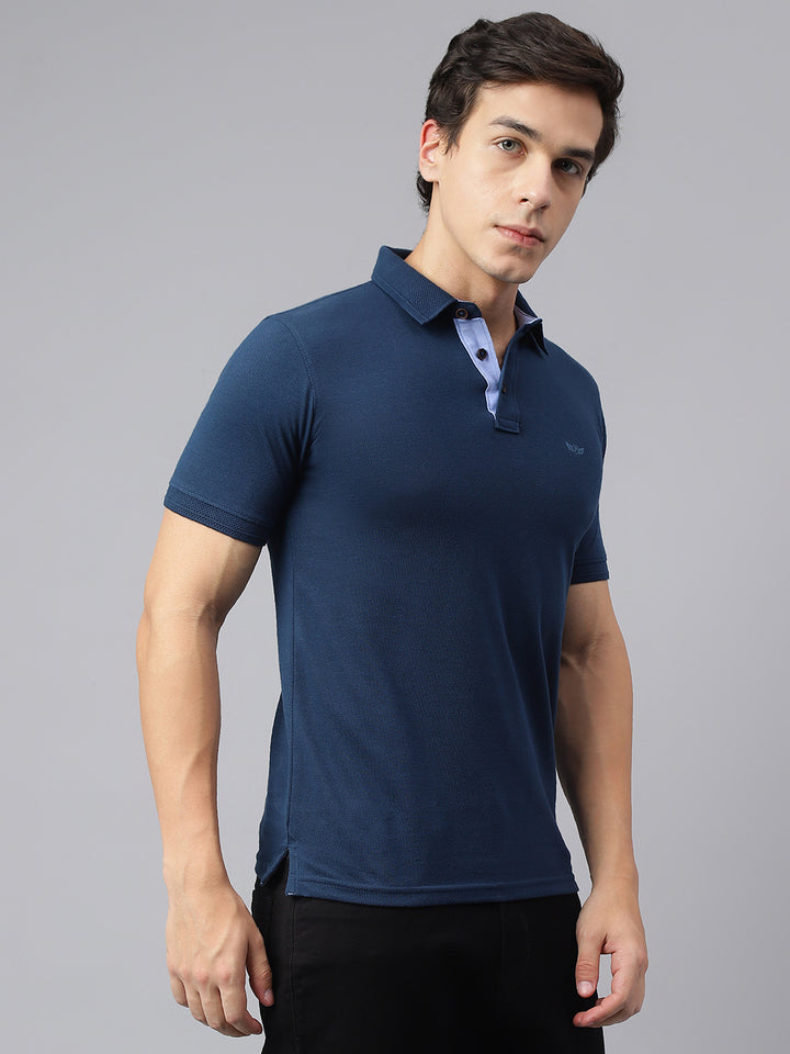 Men Turquoise Regular Fit Solid Polo Neck Casual T-Shirt