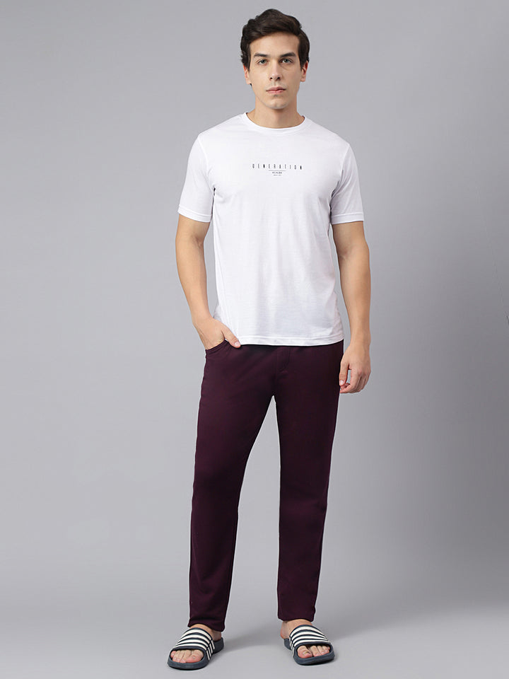 Men Wine Slim Fit Mid Rise Solid Lower