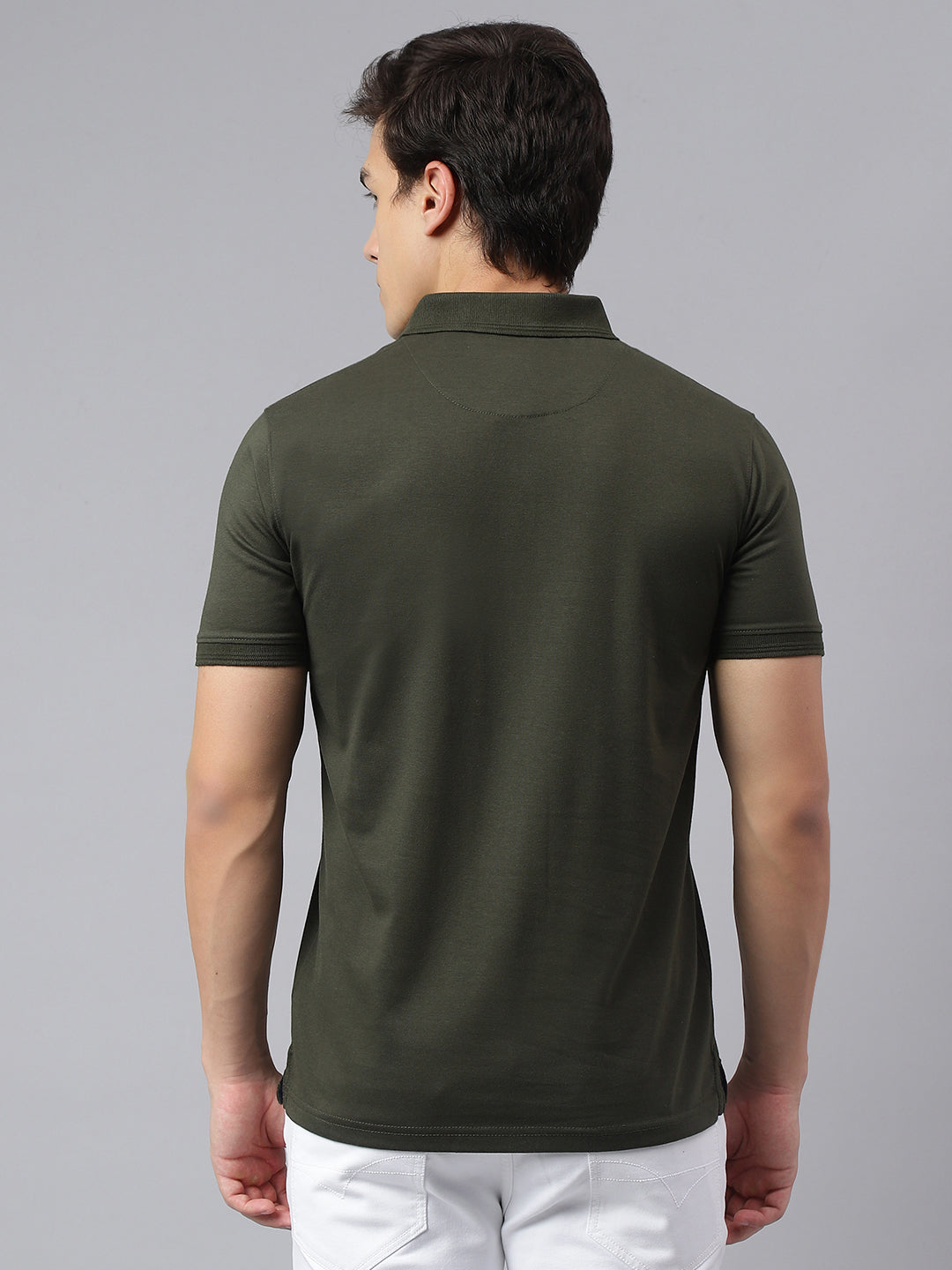 Men Olive Regular Fit Printed Polo Neck Casual T-Shirt