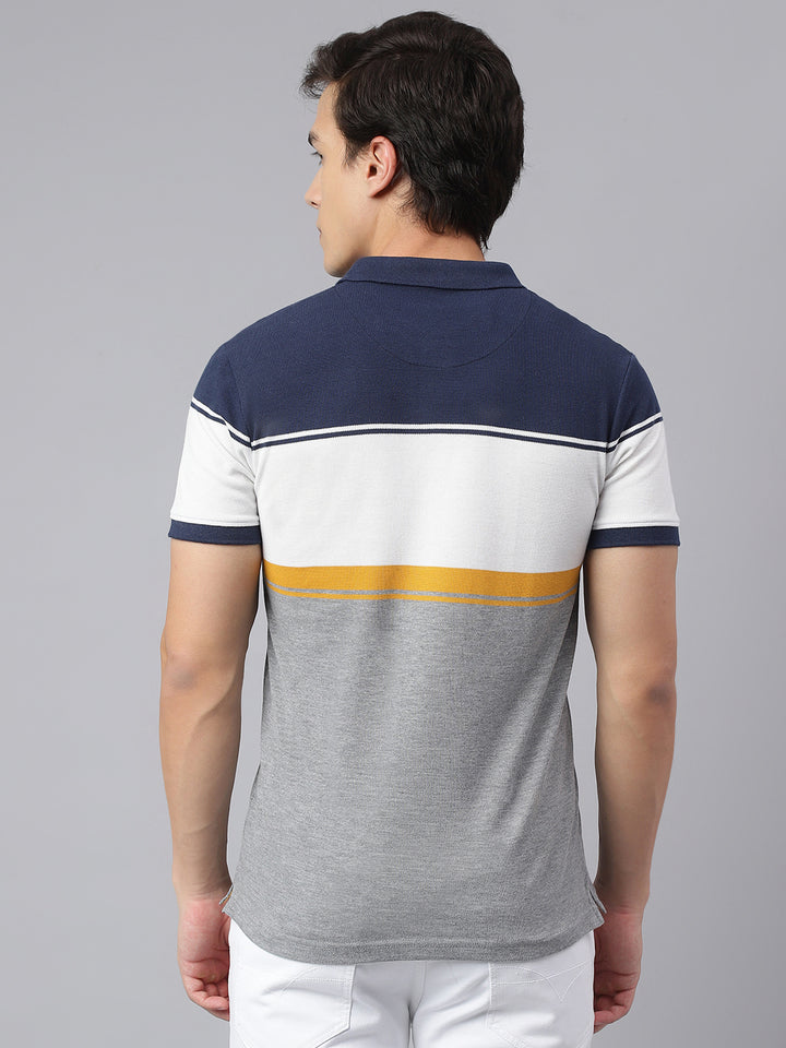 Men Grey Navy Regular Fit Color Blocked Polo Neck Casual T-Shirt