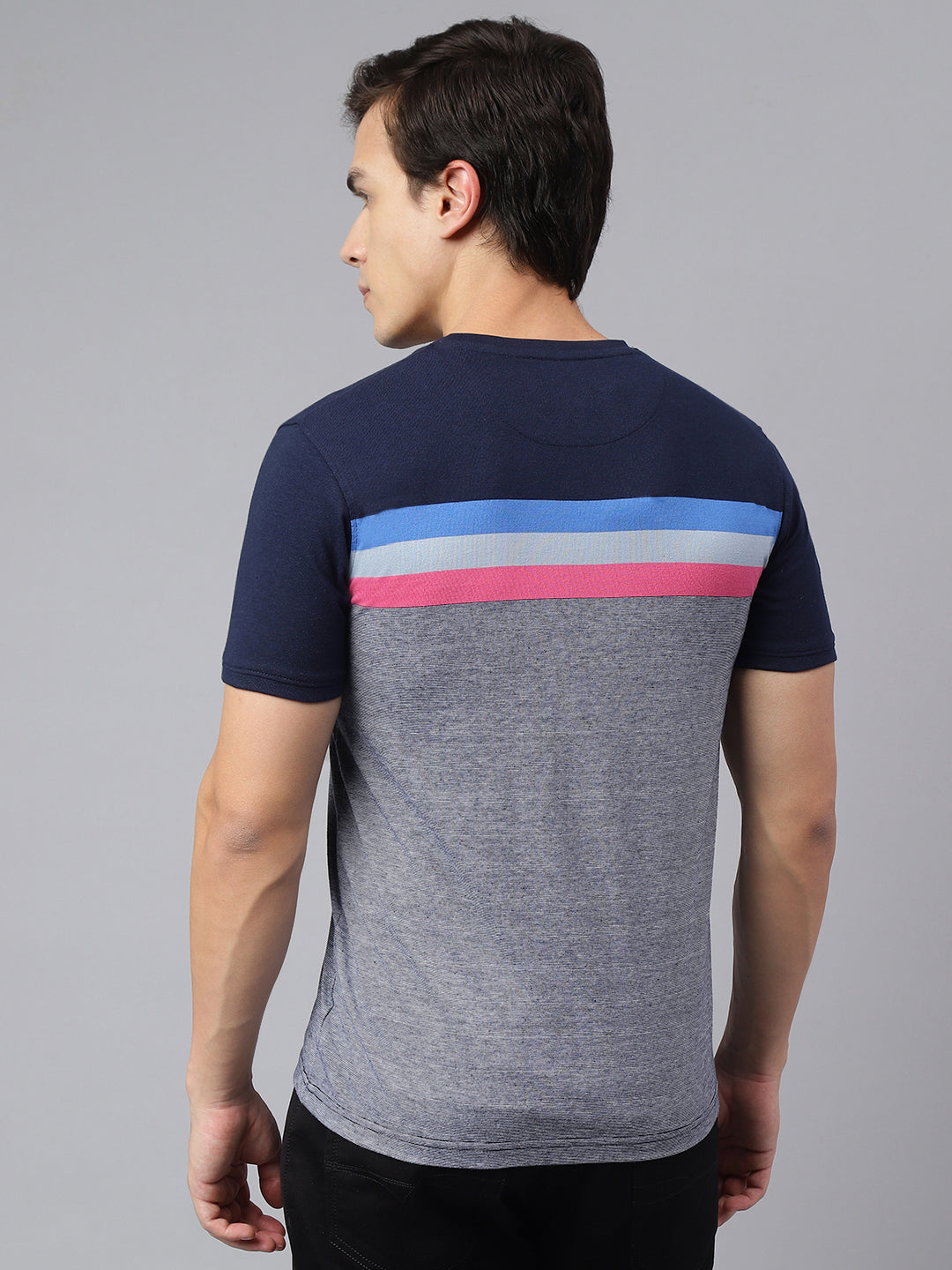 Men Grey Navy Regular Fit Color Blocked Crew Neck Casual T-Shirt