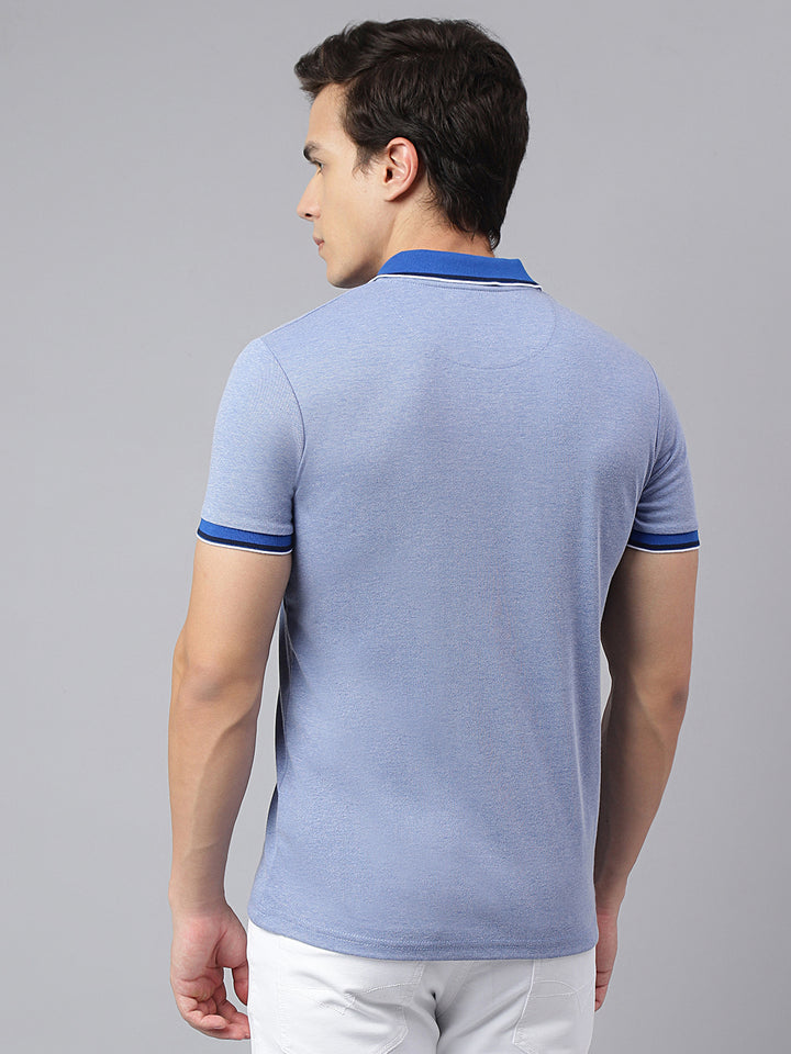 Men Blue Regular Fit Solid Polo Neck Casual T-Shirt