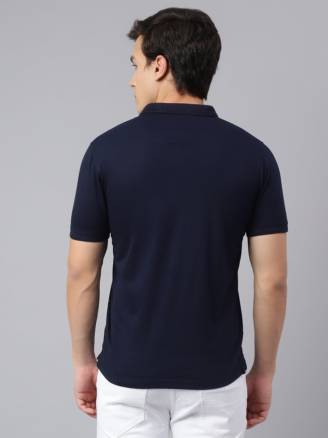 Men Navy Regular Fit Printed Polo Neck Casual T-Shirt