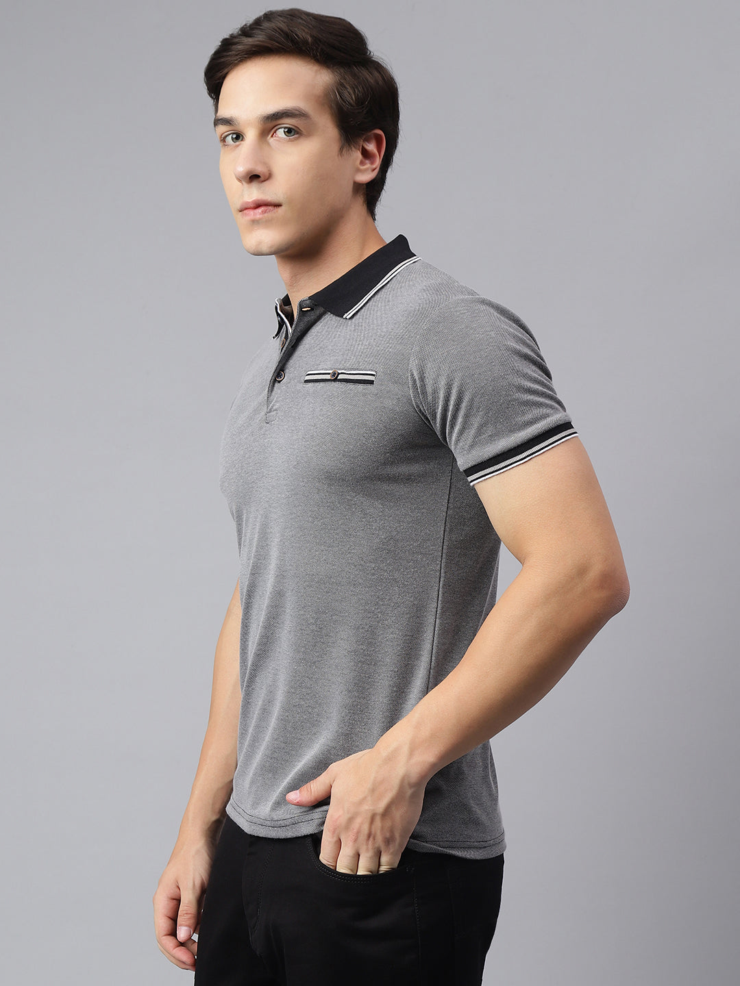 Men Black Regular Fit Solid Polo Neck Casual T-Shirt