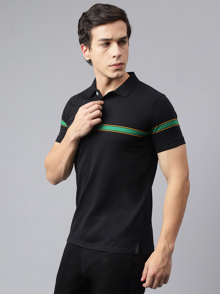 Men Black Regular Fit Striped Crew Neck Casual T-Shirt