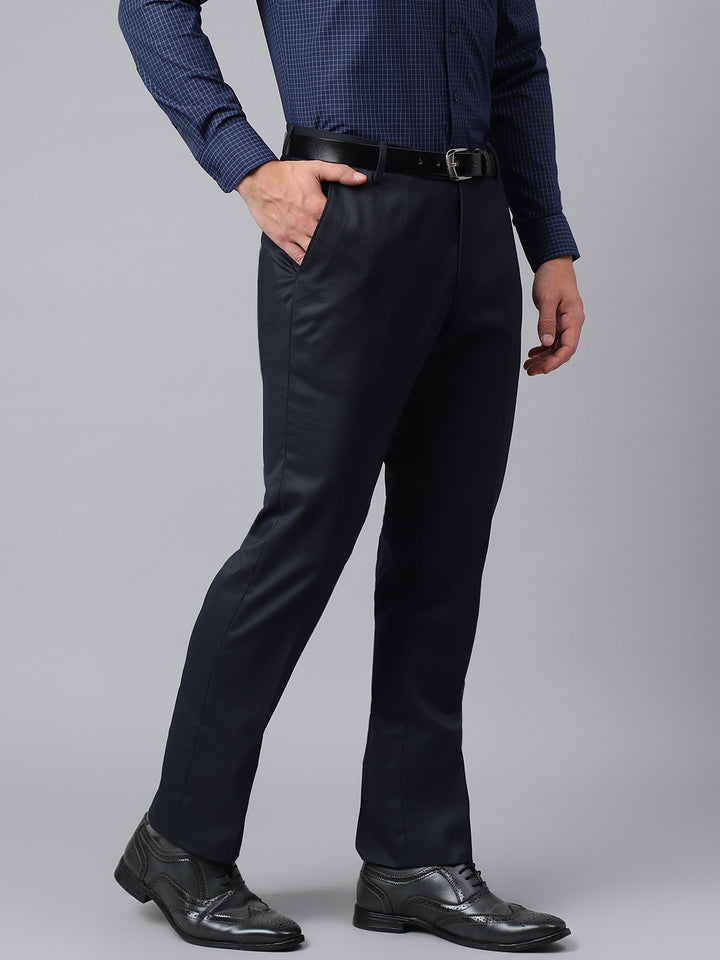 Men Navy Smart Fit Mid Rise Formal Trouser