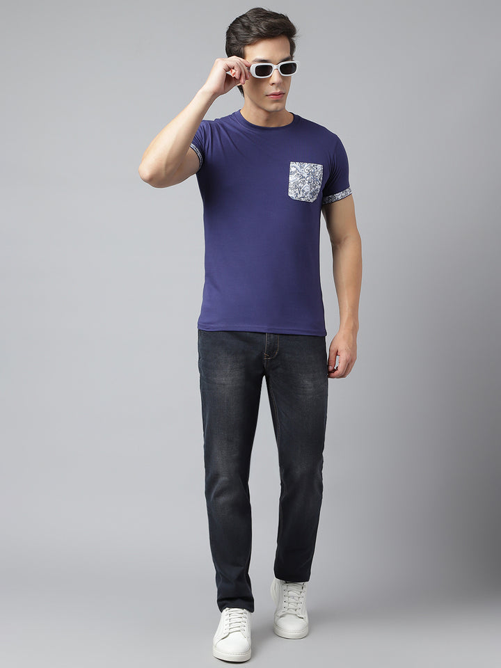 Men Blue Regular Fit Solid Crew Neck Casual T-Shirt