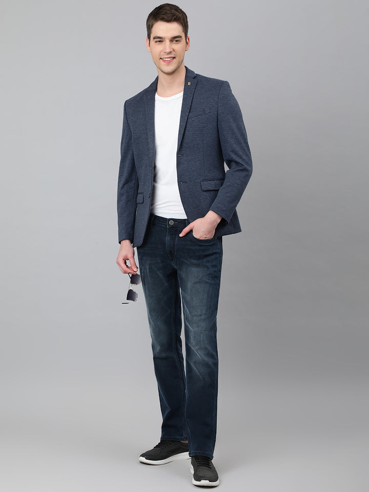 Men Navy Regular Fit Solid Notched Lapel Casual Blazer