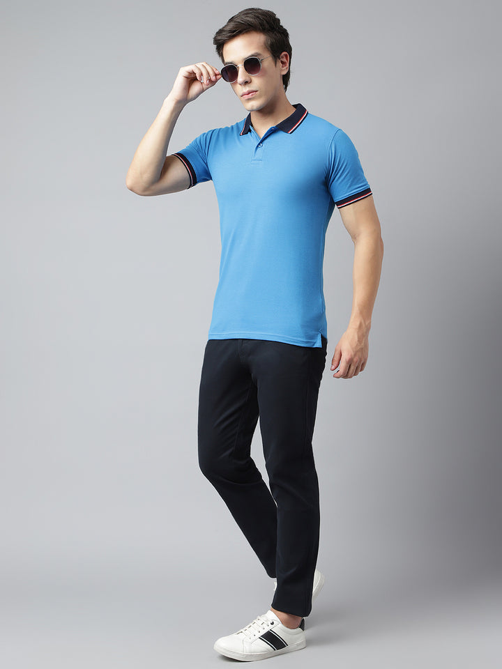 Men Royal Blue Regular Fit Solid Polo Neck Casual T-Shirt