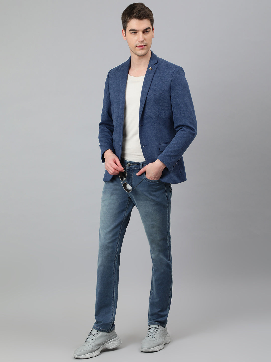 Men Blue Regular Fit Solid Notched Lapel Casual Blazer