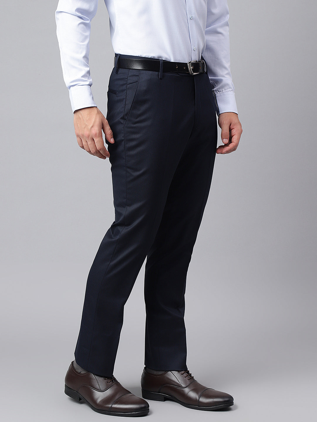 Men Navy Smart Fit Mid Rise Formal Trouser