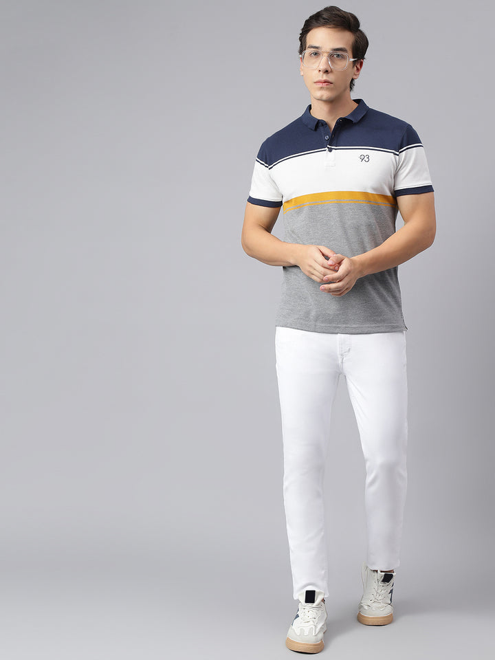 Men Grey Navy Regular Fit Color Blocked Polo Neck Casual T-Shirt