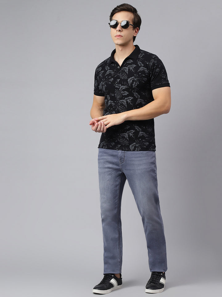 Men Black Regular Fit Printed Polo Neck Casual T-Shirt