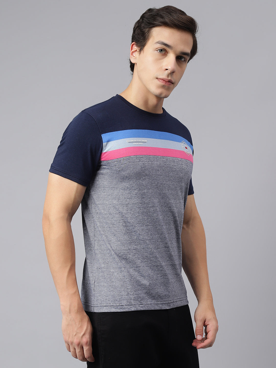 Men Grey Navy Regular Fit Color Blocked Crew Neck Casual T-Shirt