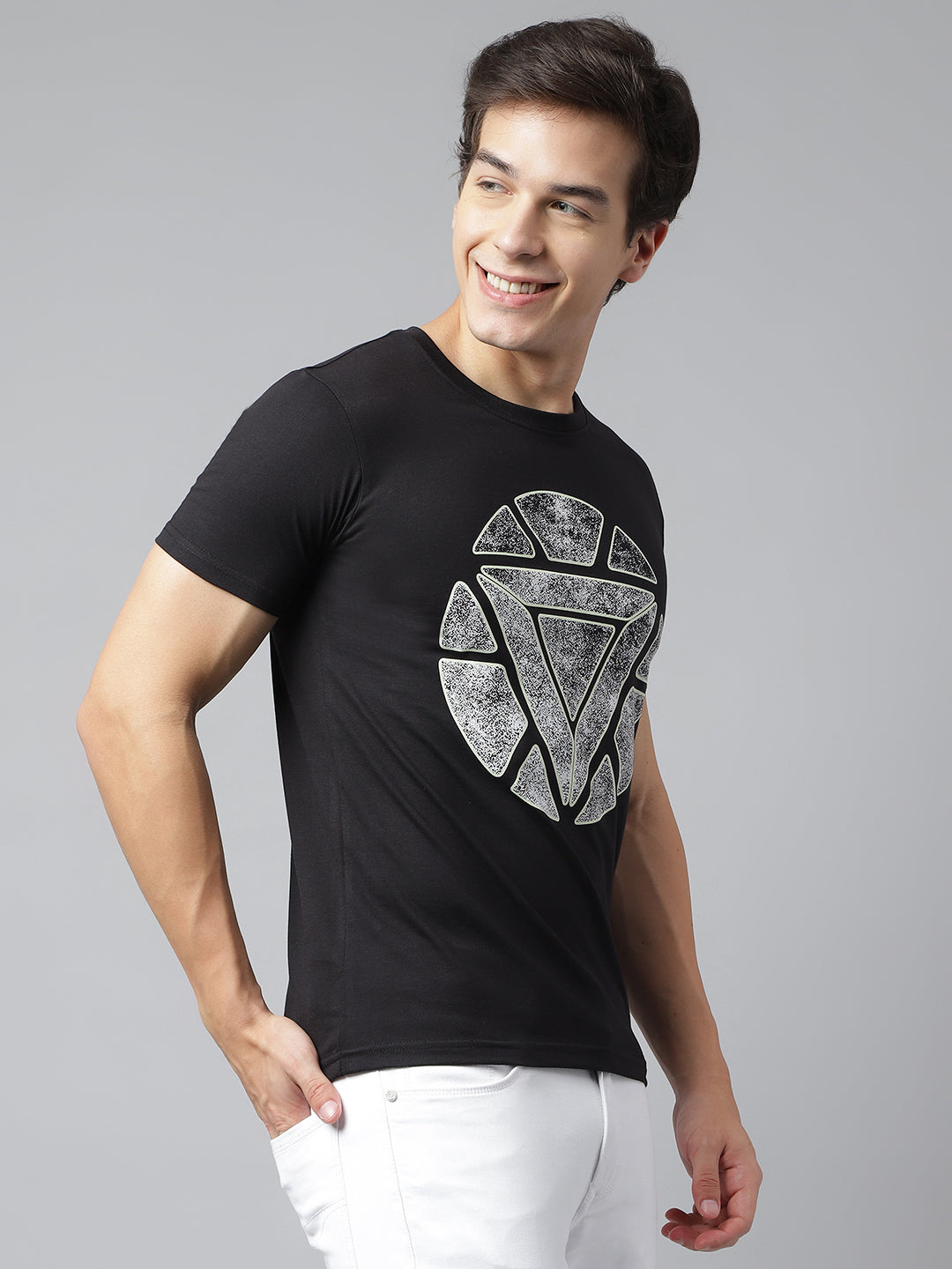 Men Black Regular Fit Printed Crew Neck Casual T-Shirt