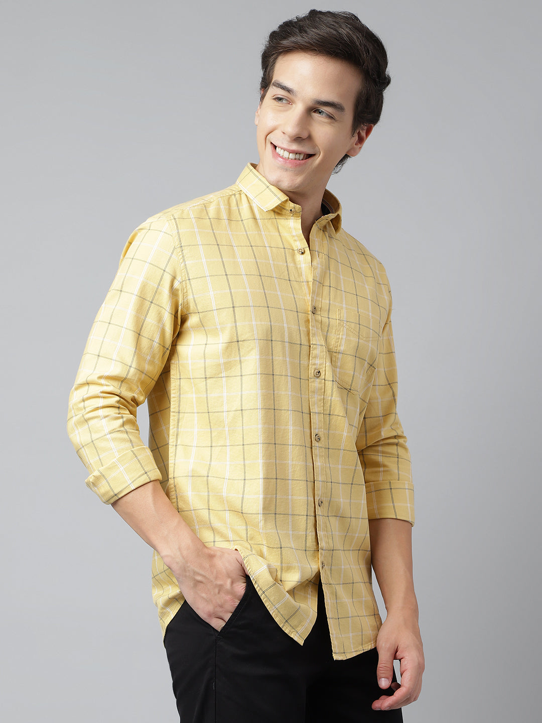 Men Yellow Standard Fit Checkered Casual Shirt