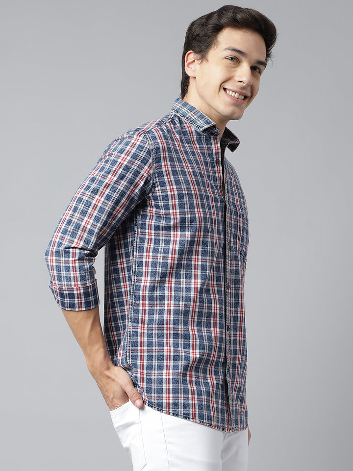 Men Navy Maroon Standard Fit Checkered Casual Shirt