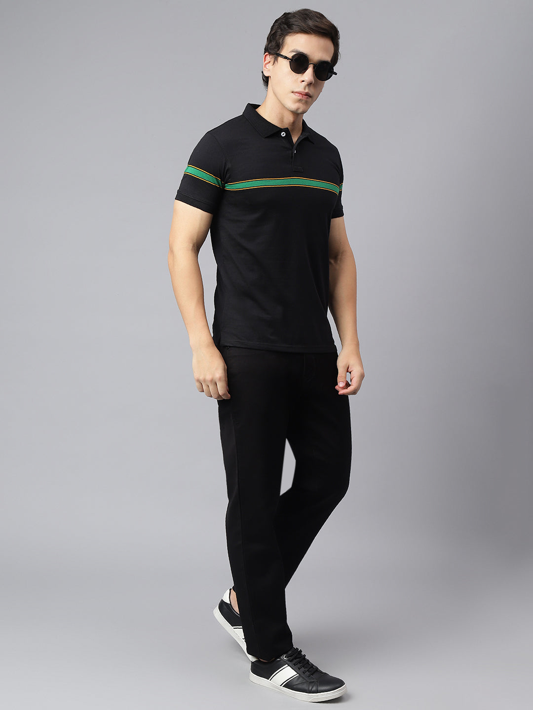 Men Black Regular Fit Striped Crew Neck Casual T-Shirt