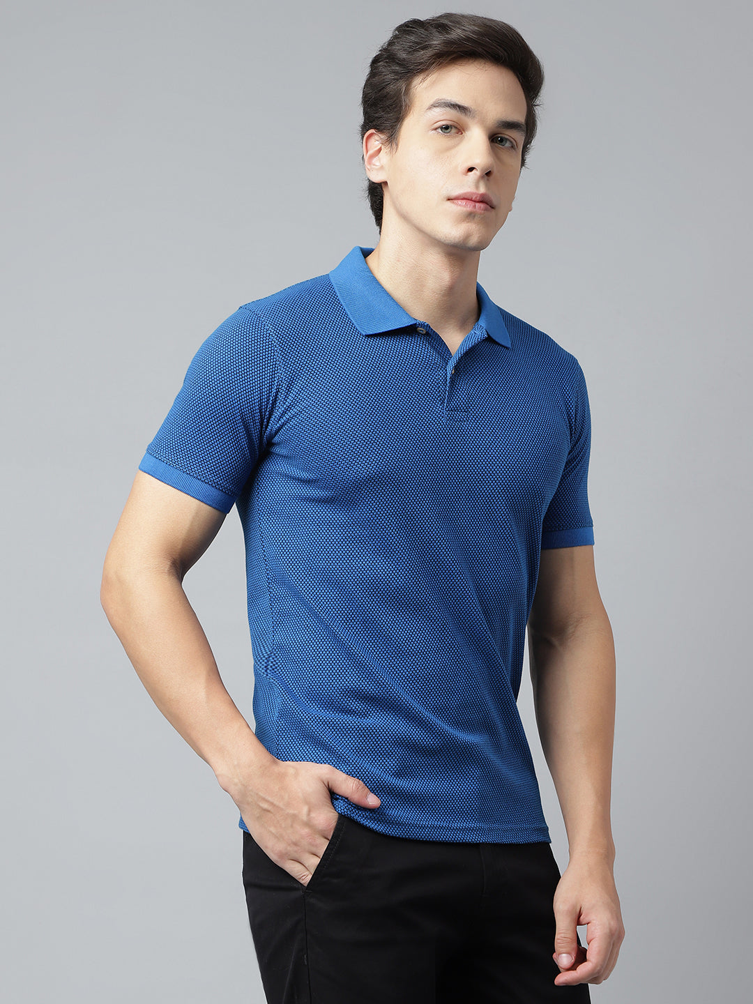 Men Royal Blue Regular Fit Solid Polo Neck Casual T-Shirt