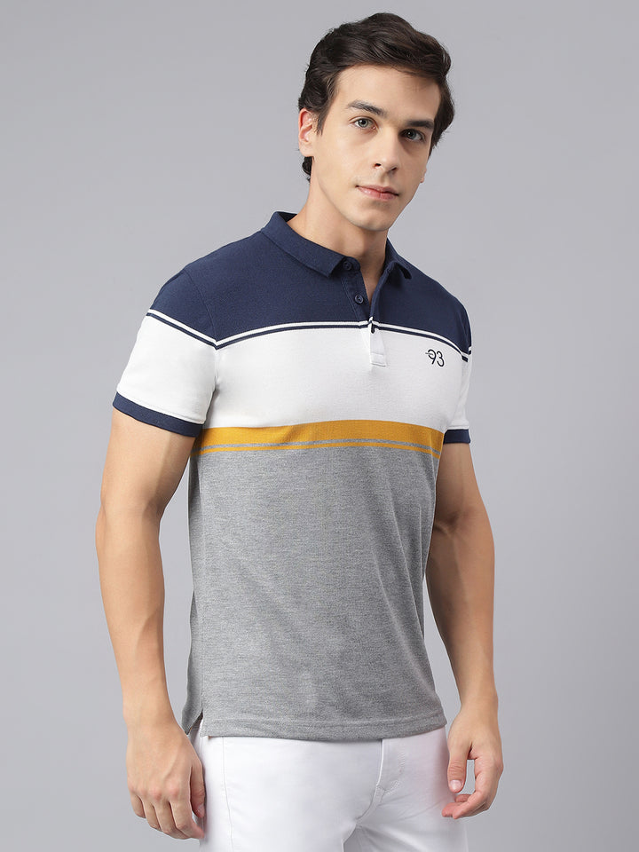 Men Grey Navy Regular Fit Color Blocked Polo Neck Casual T-Shirt