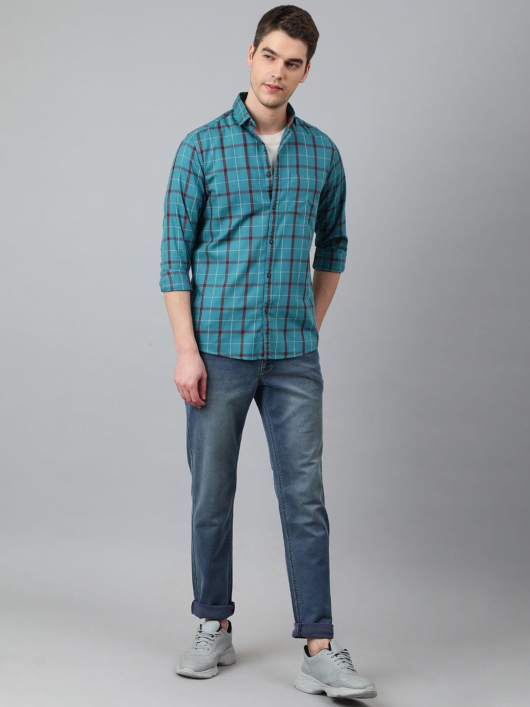 Men Teal Standard Fit Checkered Casual Shirt