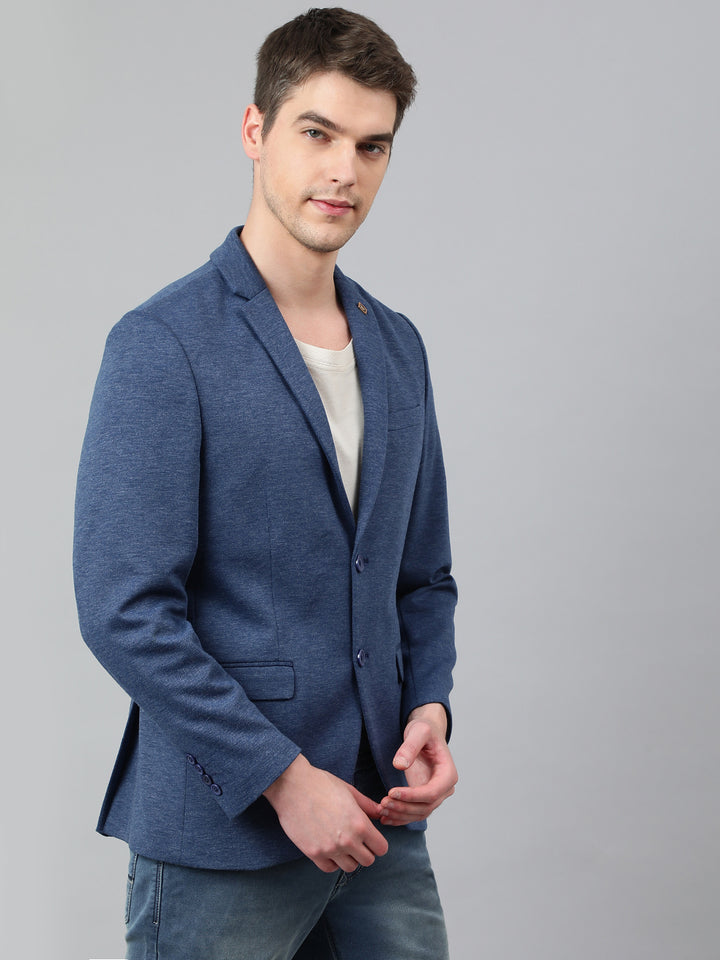 Men Blue Regular Fit Solid Notched Lapel Casual Blazer