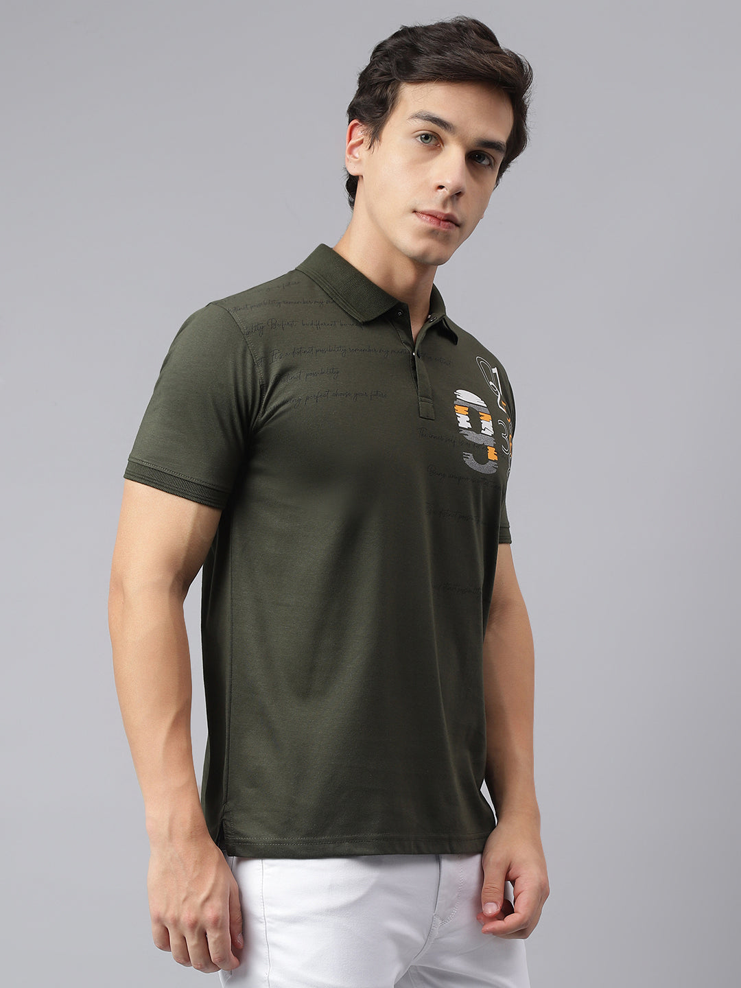 Men Olive Regular Fit Printed Polo Neck Casual T-Shirt