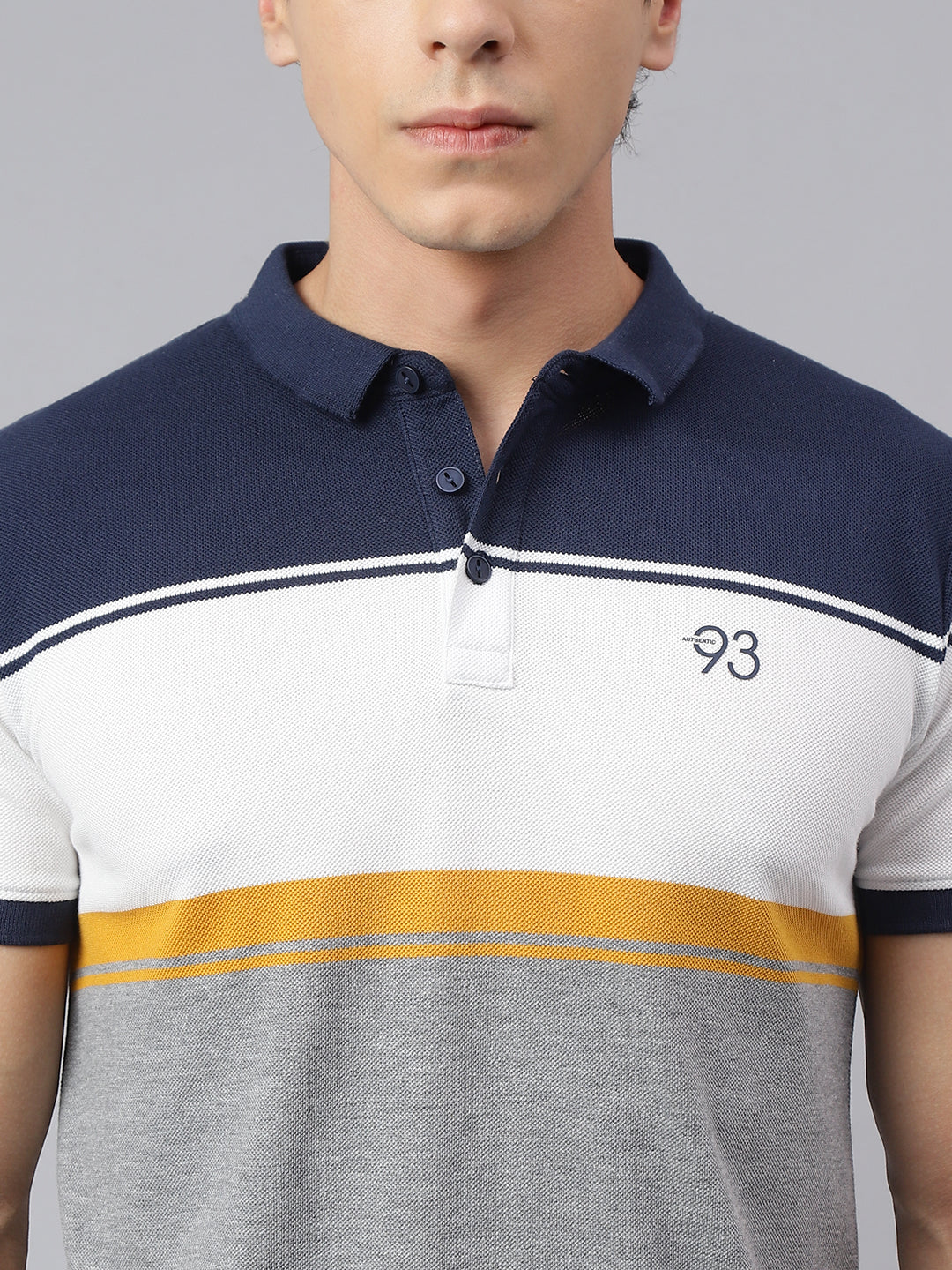 Men Grey Navy Regular Fit Color Blocked Polo Neck Casual T-Shirt