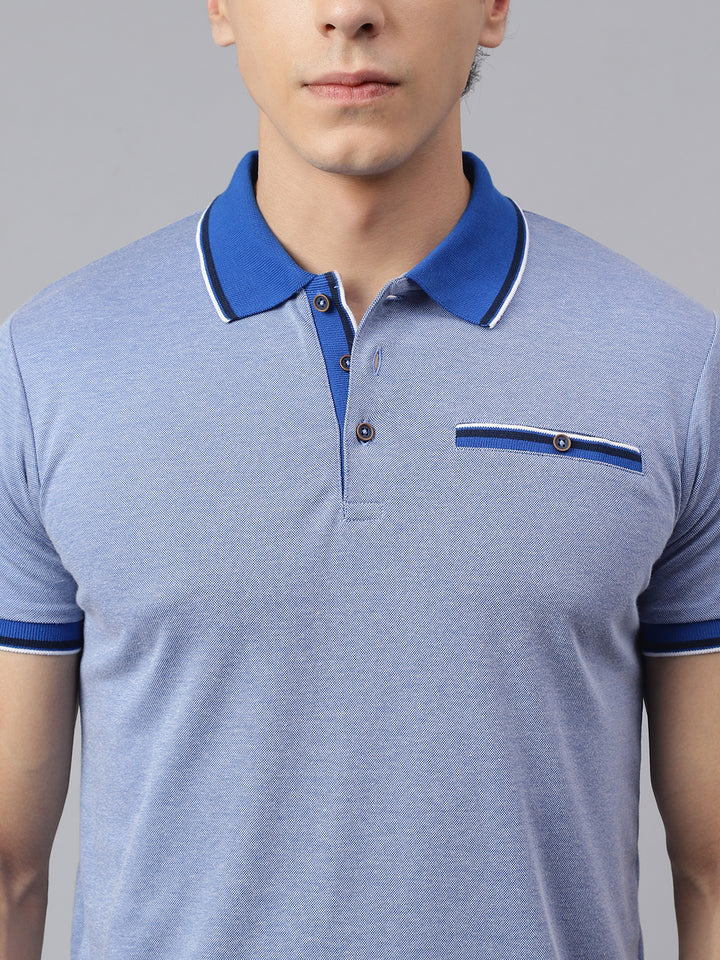 Men Blue Regular Fit Solid Polo Neck Casual T-Shirt