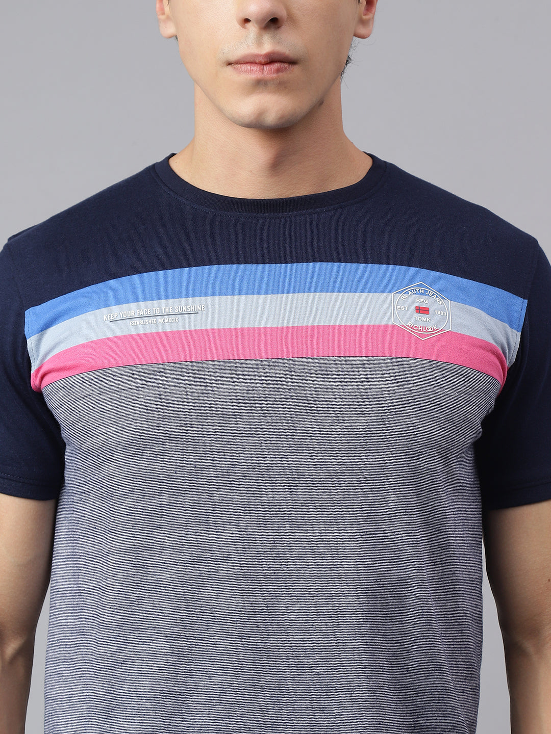 Men Grey Navy Regular Fit Color Blocked Crew Neck Casual T-Shirt