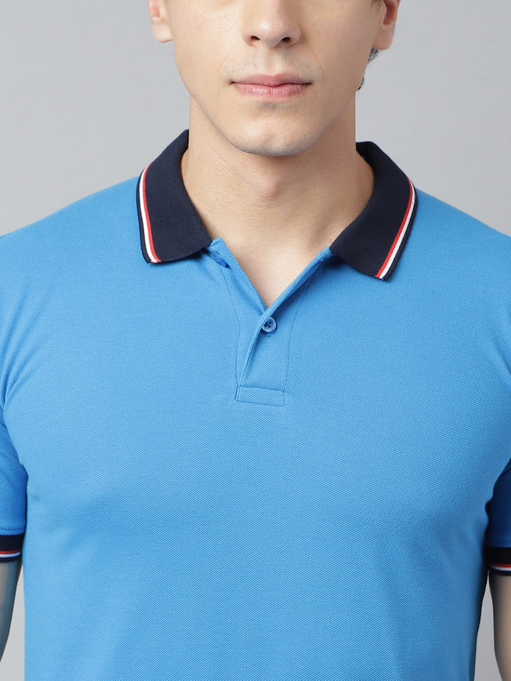 Men Royal Blue Regular Fit Solid Polo Neck Casual T-Shirt