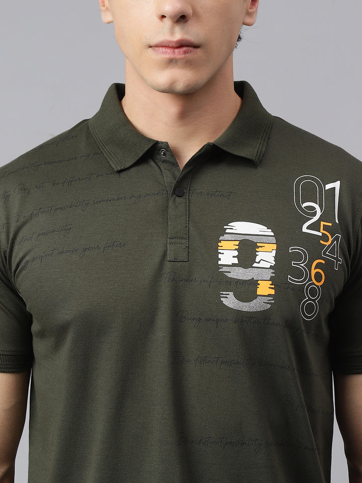 Men Olive Regular Fit Printed Polo Neck Casual T-Shirt