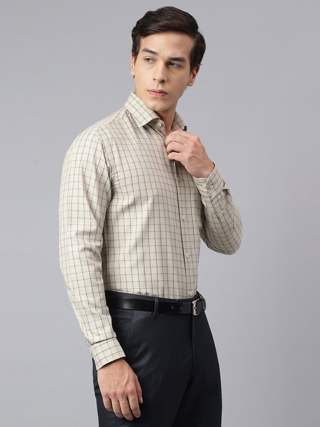 Men Beige Regular Fit Checkered Formal Shirt