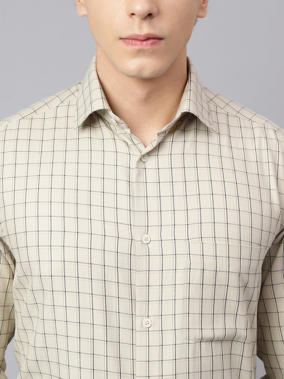 Men Beige Regular Fit Checkered Formal Shirt