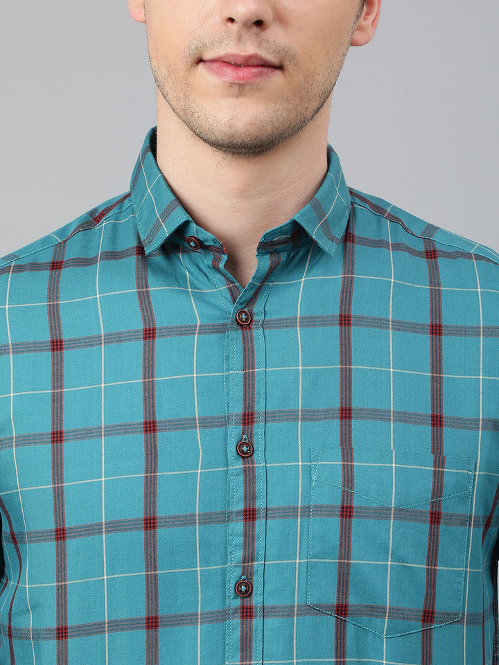 Men Teal Standard Fit Checkered Casual Shirt