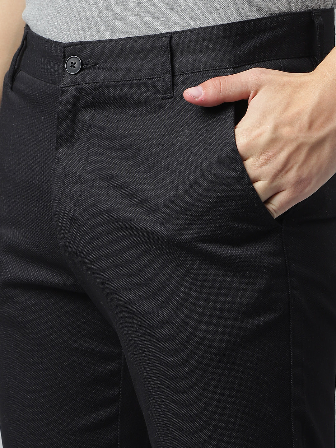 Men Black Slim Fit Mid Rise Solid Casual Trouser