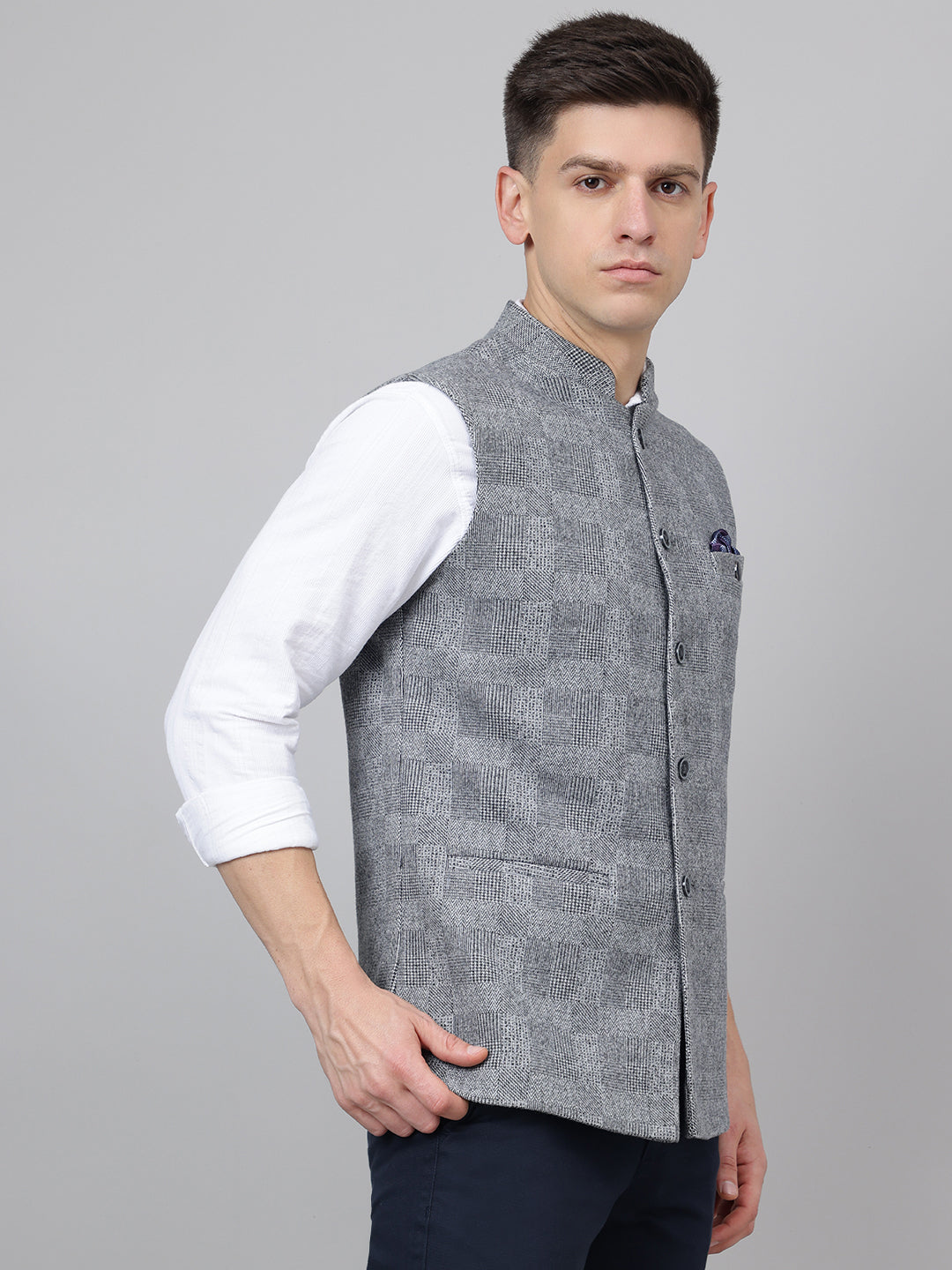 Richlook Jawahar Jacket style Smook Gray waistcoat for Men's