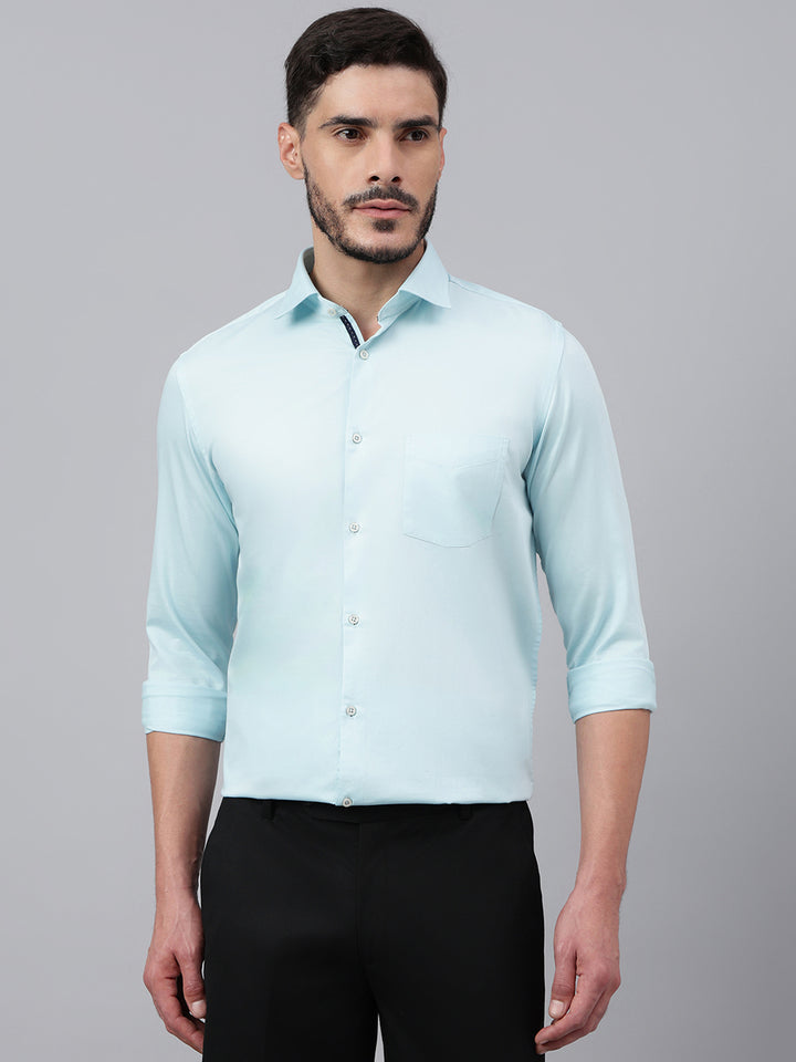 Men Light Aqua Solid Standard Club Wear Shirt