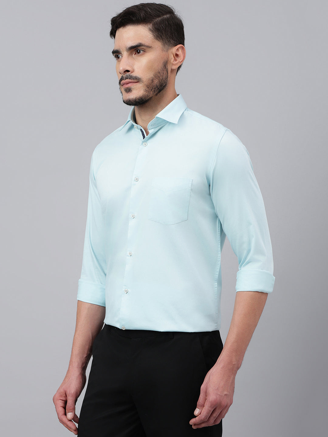 Men Light Aqua Solid Standard Club Wear Shirt