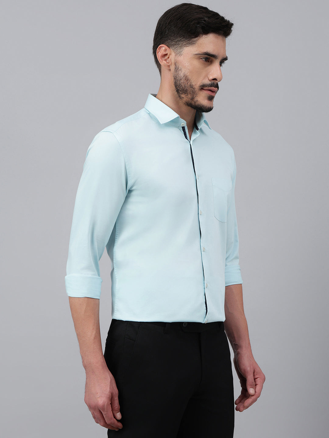 Men Light Aqua Solid Standard Club Wear Shirt