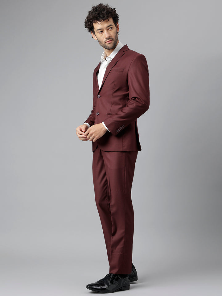 Men Wine Regular Fit Solid Notched Lapel Formal 2 Piece Suit