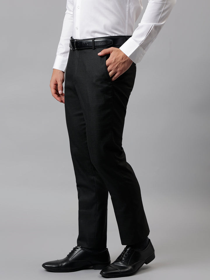 Men Black Regular Fit Checkered Mid Rise Formal Trouser