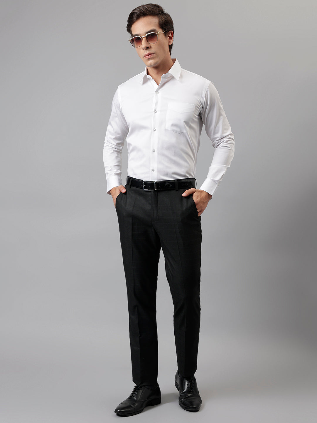 Men Black Regular Fit Checkered Mid Rise Formal Trouser