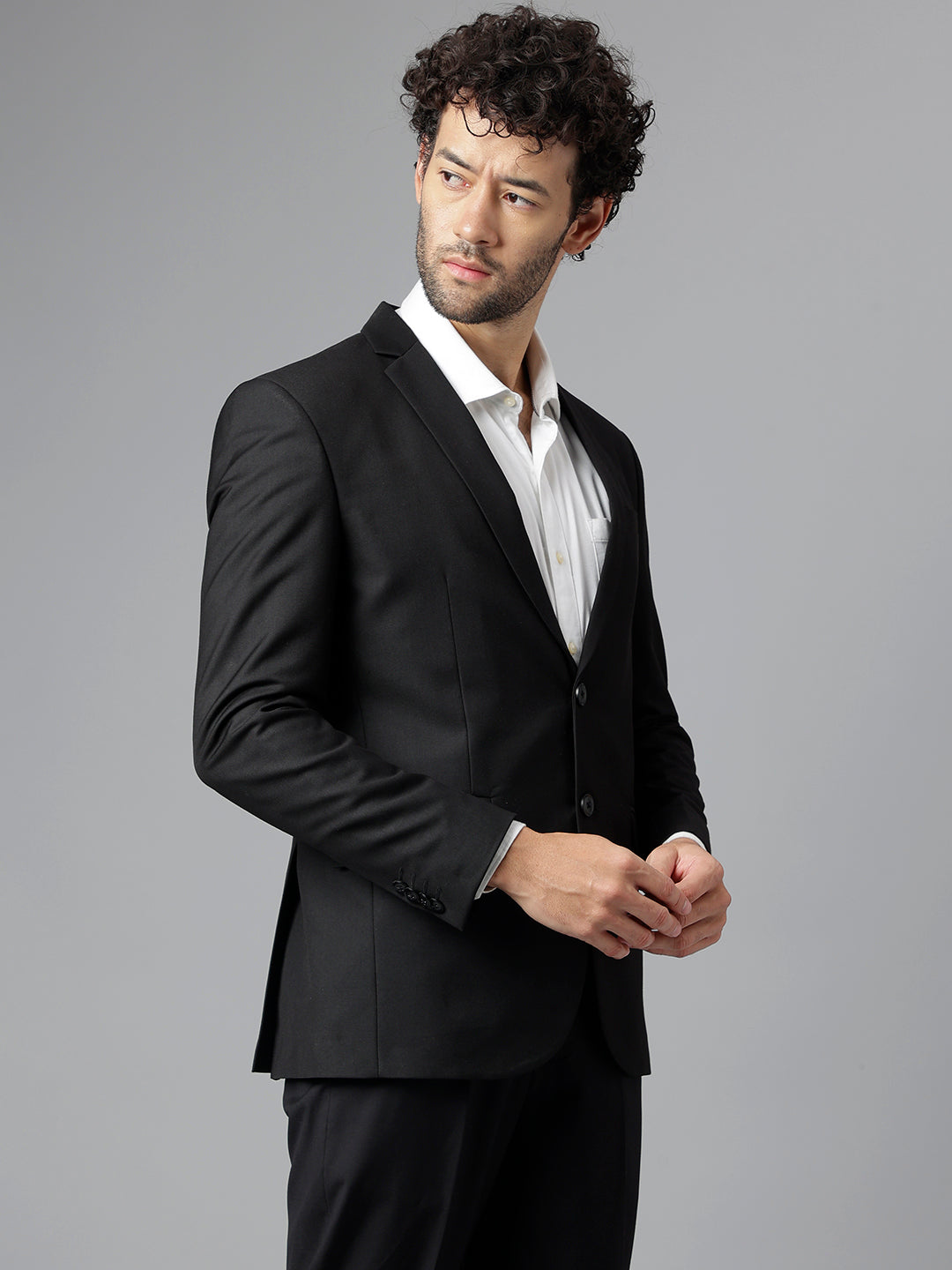 Men Black Regular Fit Solid Notched Lapel Formal Blazer