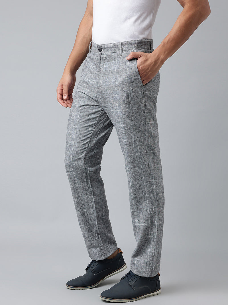 Men Grey Slim Fit Solid Checked Casual Trouser