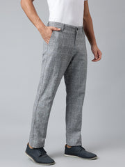 Men Grey Slim Fit Solid Checked Casual Trouser