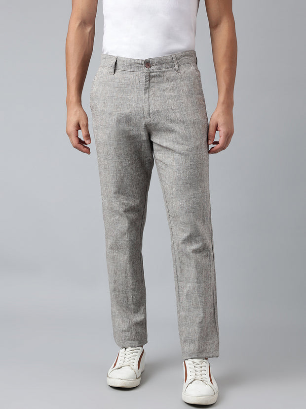 Men Grey Checked Slim Fit Mid Rise Casual Trouser