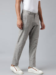 Men Grey Checked Slim Fit Mid Rise Casual Trouser